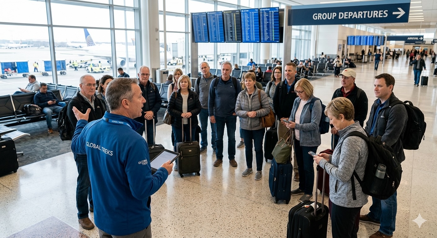 Grupo de pasajeros llegando al aeropuerto